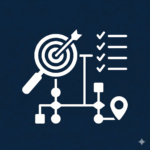 Pictogramme diagnostic agence web : objectifs, audit rapide, quick wins, sur fond bleu sombre