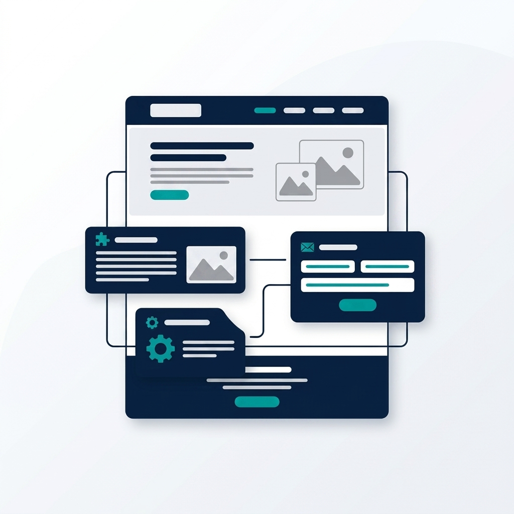 Maquette d'une page web avec divers modules connectés incluant formulaires, contenus visuels et paramètres